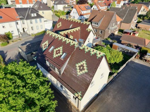 Ziegeldach Dach eines Hauses mit bunten, gemusterten Ziegeln und umliegenden Wohngebäuden.